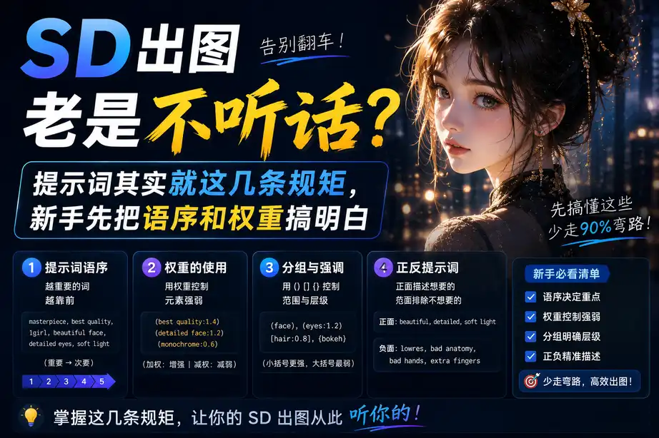 SD出图老是不听话?提示词其实就这几条规矩,新手先把语序和权重搞明白
